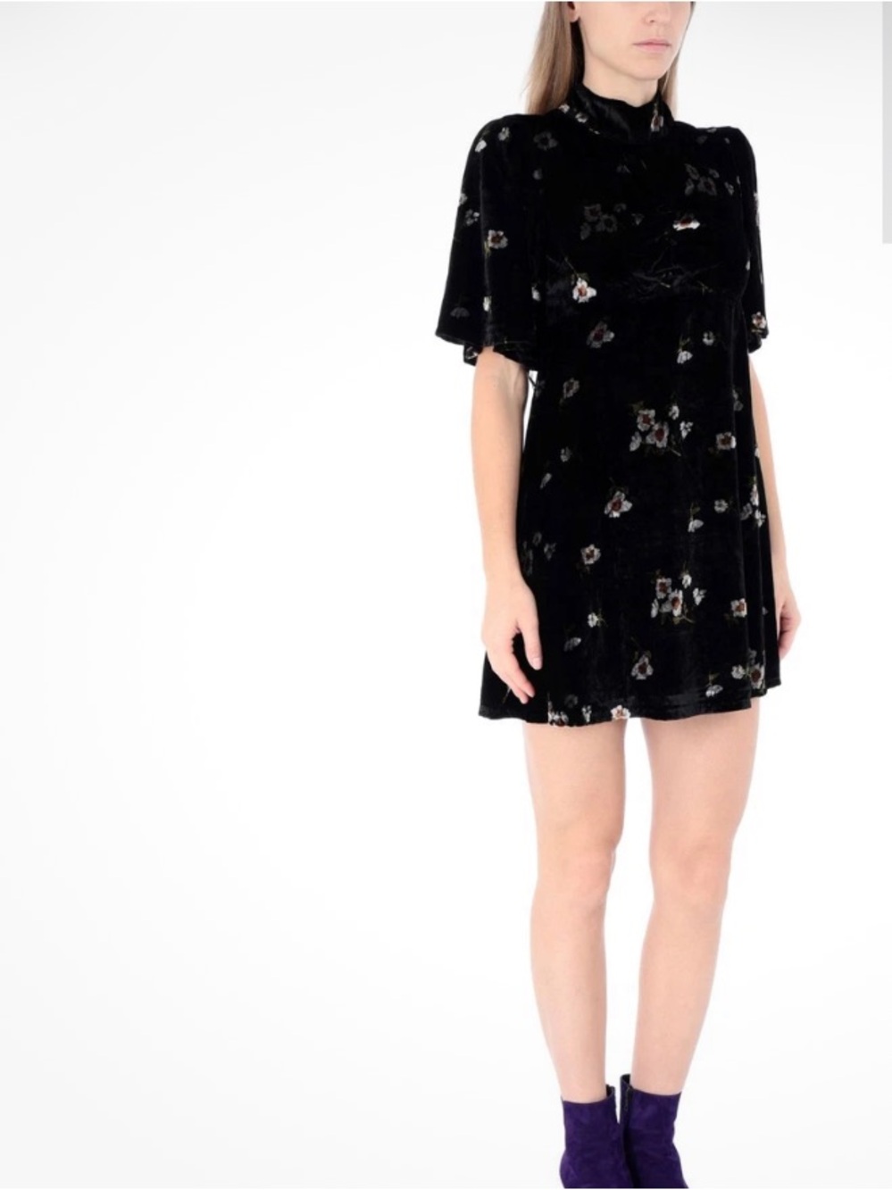 Free People Black Velour A-Line Dress with Metallic Floral Print Size 2
